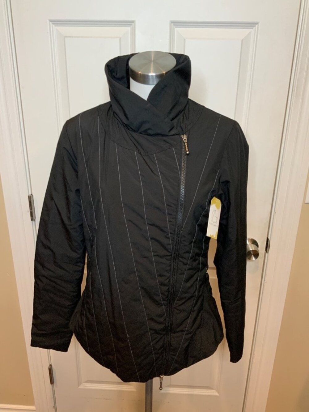 Prana Black Soft-shell High Mock Collar Neck Asymmetrical Zip-Up Jacket, Size L